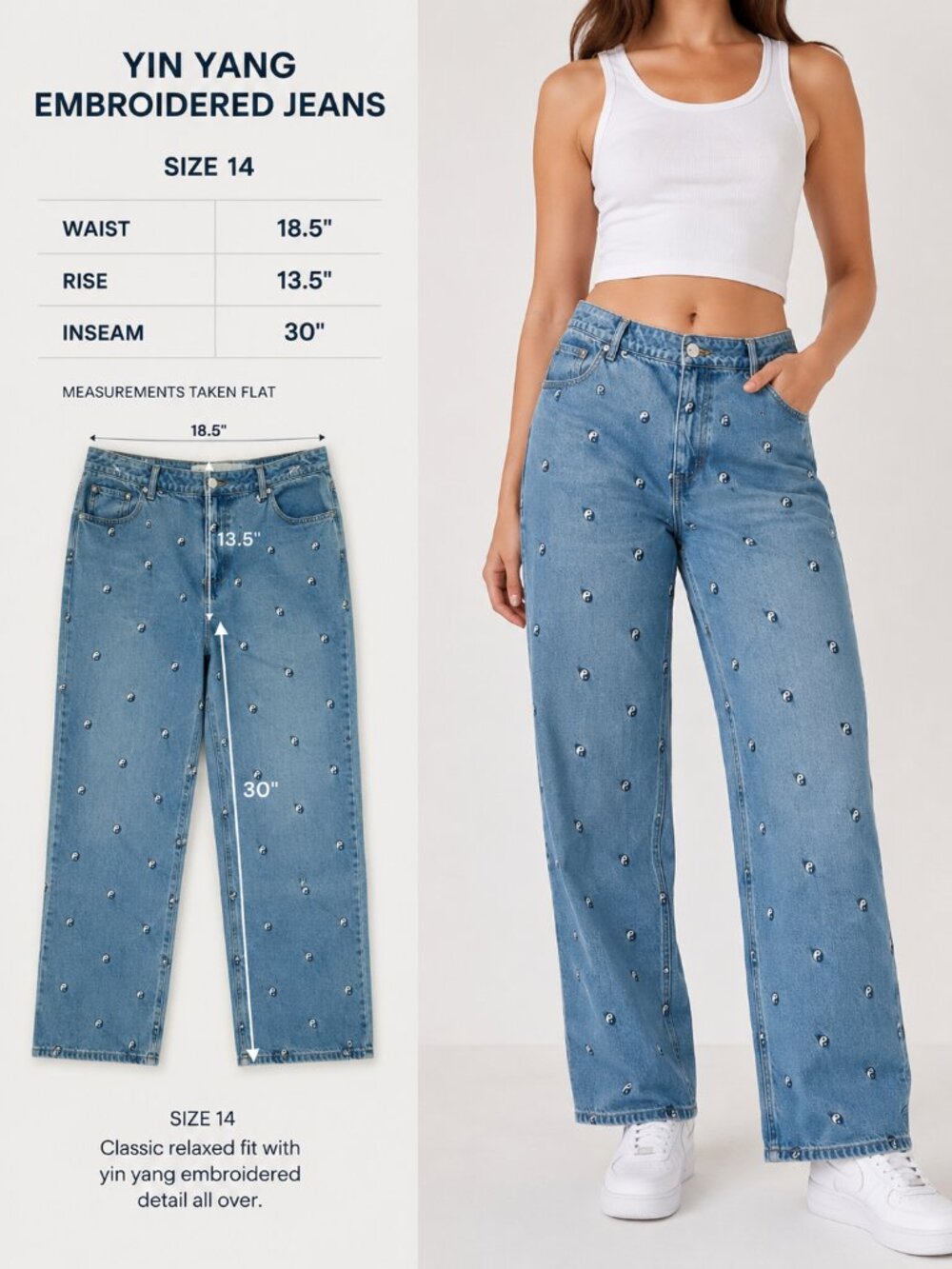Ying Yang Embroidered Wide Leg Jeans